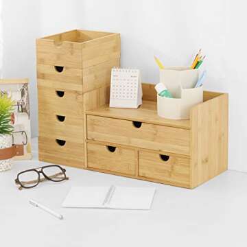 Wisuce Bamboo Desk Drawer Organizer, 2 Drawer Desktop Organizer with Drawers Tabletop Storage Organization Box for Office Home Toiletries Supplies Vanity, No Assembly Required