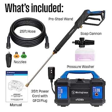 Westinghouse ePX3100v Electric Pressure Washer, 2100 Max PSI 1.76 Max GPM, Built-in Carry Handle, Detachable Foam Cannon, Pro-Style Steel Wand, 4-Nozzle Set, for Cars/Fences/Driveways/Home/Patios
