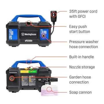 Westinghouse ePX3100v Electric Pressure Washer, 2100 Max PSI 1.76 Max GPM, Built-in Carry Handle, Detachable Foam Cannon, Pro-Style Steel Wand, 4-Nozzle Set, for Cars/Fences/Driveways/Home/Patios