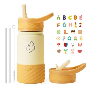 BUZIO Toddlers Water Bottle with Straw Lid and Silicone Boot, Kids Insulated Stainless Steel Thermo ...