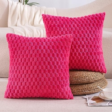 All Smiles Hot Pink Throw Pillow Covers 18x18 Set of 2 Preppy Faux Fur Boho Soft Fluffy Decorative C...