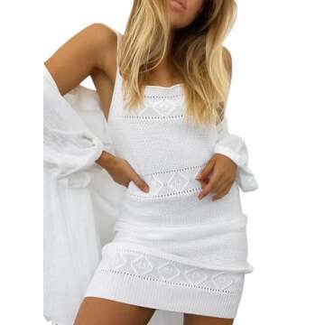 Lesore Womens Mini Dress Casual Fashion Summer Square Neck Sleeveless Knitted Strappy Mini Dresses White XL