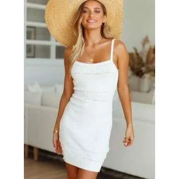 Lesore Womens Mini Dress Casual Fashion Summer Square Neck Sleeveless Knitted Strappy Mini Dresses White XL