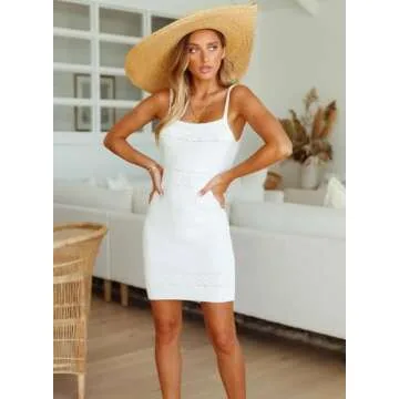 Lesore Womens Mini Dress Casual Fashion Summer Square Neck Sleeveless Knitted Strappy Mini Dresses White XL