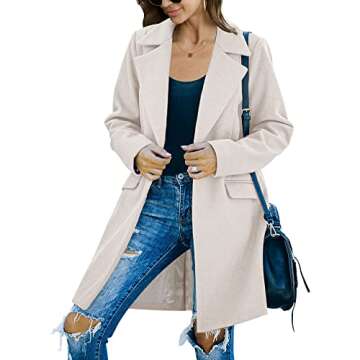 Fazortev Womens Casual Long Sleeve Wool Blend Pea Coat Lapel Notched Collar Warm Midi Jacket Overcoat