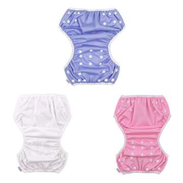 ALALVABABY Baby Swim Diapers 3pcs Reuseable Washable & Adjustable for Swimming Lesson & Baby Gifts 0-2 Years Baby Boy Girl Purple White Pink 3SWB17