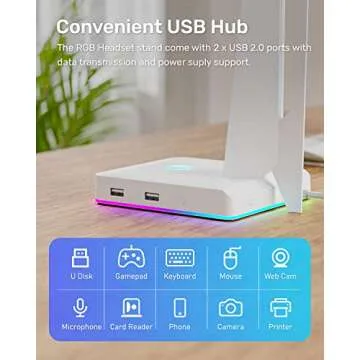 IFYOO RGB Gaming Headset Stand with 2 USB Ports, Game Headphone Mount for PC, Xbox One, PS4, Switch, Earphone Holder Hanger, Great for Gaming Stations, Fancy Desk Gamer Accessories, White