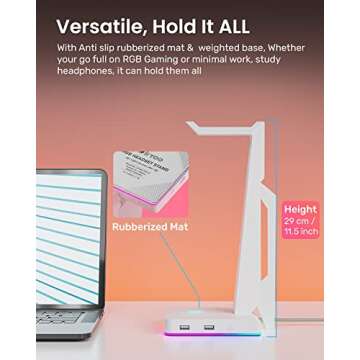 IFYOO RGB Gaming Headset Stand with 2 USB Ports, Game Headphone Mount for PC, Xbox One, PS4, Switch, Earphone Holder Hanger, Great for Gaming Stations, Fancy Desk Gamer Accessories, White