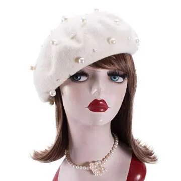 Lawliet Sweet French Womens Pearl Beaded 100% Wool Beret Cap Winter Hat Y91 (Beige)