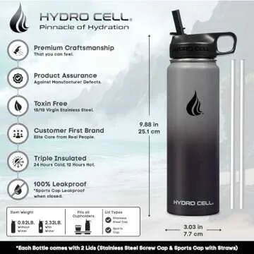 HYDRO CELL Stainless Steel Insulated Water Bottle with Straw - For Cold & Hot Drinks - Metal Vacuum Flask with Screw Cap and Modern Leakproof Sport Thermos for Kids & Adults (Graphite/Black 24oz)