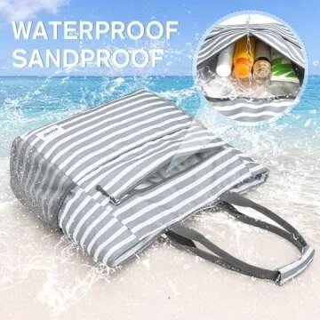 G4Free Beach Bag, Waterproof Sandproof Beach Tote Bag, Large Capacity Foldable for Women, Personalized Gifts for Her,Grey Stripe
