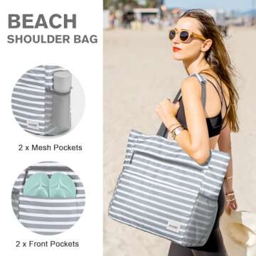 G4Free Beach Bag, Waterproof Sandproof Beach Tote Bag, Large Capacity Foldable for Women, Personalized Gifts for Her,Grey Stripe
