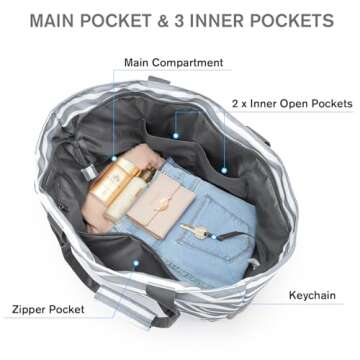 G4Free Beach Bag, Waterproof Sandproof Beach Tote Bag, Large Capacity Foldable for Women, Personalized Gifts for Her,Grey Stripe