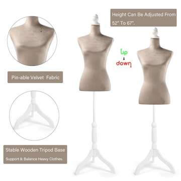 HOMBOUR Female Mannequin Torso Dress Form, Sewing Mannequin Body, Adjustable Manikin with Wooden Tripod Base Stand for Display Dressmaker Jewelry, Grey