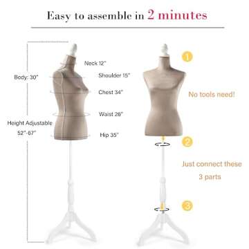 HOMBOUR Female Mannequin Torso Dress Form, Sewing Mannequin Body, Adjustable Manikin with Wooden Tripod Base Stand for Display Dressmaker Jewelry, Grey
