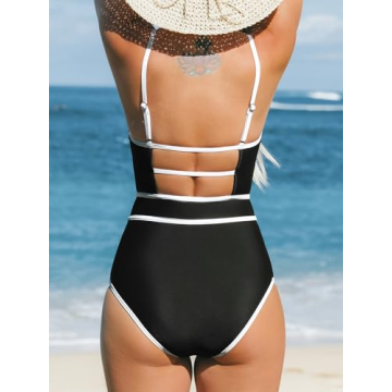 CUPSHE Women's One Piece Swimsuit Scoop Neck Bathing Suit Keyhole Cutout Color Block Adjustable Straps Swimwear, M