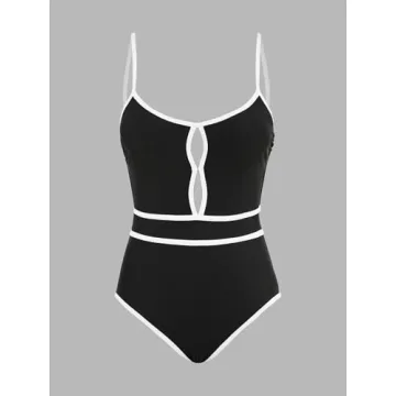CUPSHE Women's One Piece Swimsuit Scoop Neck Bathing Suit Keyhole Cutout Color Block Adjustable Straps Swimwear, M