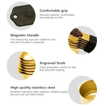 Magnetic Measuring Cups and Spoons Set, Including 7 Stainless Steel Nesting Gold Measuring Cups & 8 Magnetic Gold Measuring Spoons with 1 Leveler for Cooking & Baking