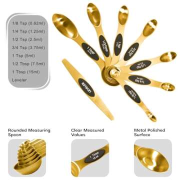 Magnetic Measuring Cups and Spoons Set, Including 7 Stainless Steel Nesting Gold Measuring Cups & 8 Magnetic Gold Measuring Spoons with 1 Leveler for Cooking & Baking