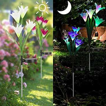 Outdoor Solar Lights – Decorative LED Flowers – Pack of 2 Solar Lilies Patio Décor – Purple &...
