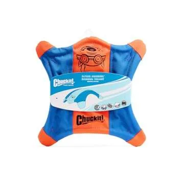 Chuckit! Flying Squirrel Fetch Dog Toy - Water Floating Flyer - Soft and Durable Polyester Canvas Construction - For Medium Dogs - Size Medium - 9.5-inch Diameter - Pack of 1 - Orange and Blue