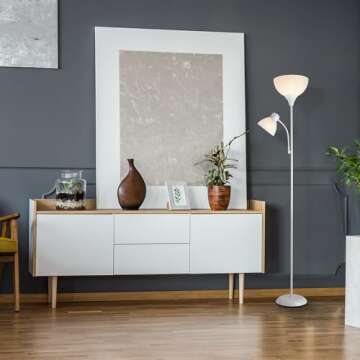 Globe Electric 67136 72" Torchiere Floor Lamp + Adjustable Reading Light, Matte White, Frosted Plast...