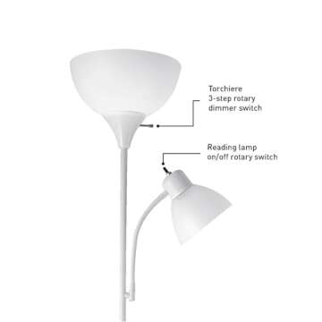 Globe Electric 67136 72" Torchiere Floor Lamp + Adjustable Reading Light, Matte White, Frosted Plastic Shade, 3-Step Rotary Switch on Socket, Living Room Décor, Reading Light, Home Essentials