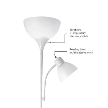 Globe Electric 67136 72" Torchiere Floor Lamp + Adjustable Reading Light, Matte White, Frosted Plastic Shade, 3-Step Rotary Switch on Socket, Living Room Décor, Reading Light, Home Essentials