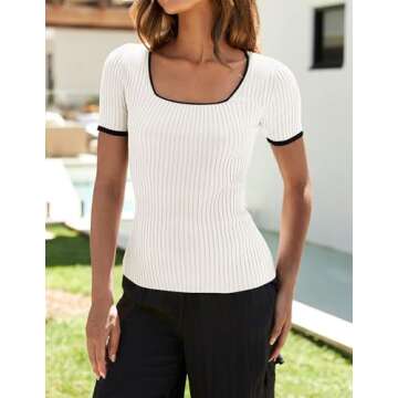 ZESICA Women's Short Sleeve Square Neck Color Block T Shirt 2024 Summer Slim Fit Ribbed Knit Basic Tee Tops,White,Large