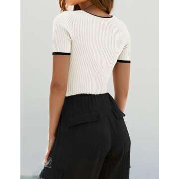 ZESICA Women's Short Sleeve Square Neck Color Block T Shirt 2024 Summer Slim Fit Ribbed Knit Basic Tee Tops,White,Large