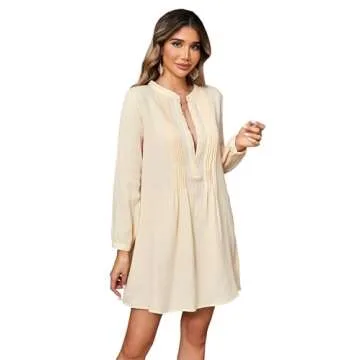 R.Vivimos Women's Tunic Dress Fall Cotton Button Down Long Sleeves Casual Mini Shirt Dress (Small, Beige)