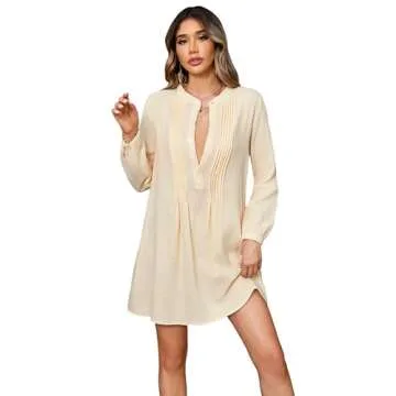 R.Vivimos Women's Tunic Dress Fall Cotton Button Down Long Sleeves Casual Mini Shirt Dress (Small, Beige)