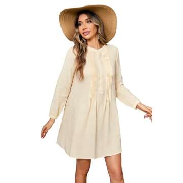 R.Vivimos Women's Tunic Dress Fall Cotton Button Down Long Sleeves Casual Mini Shirt Dress (Small, Beige)