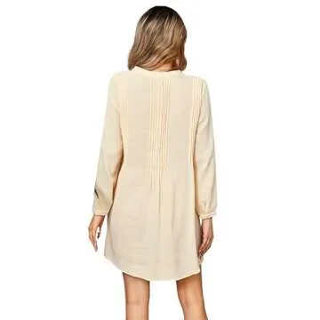 R.Vivimos Women's Tunic Dress Fall Cotton Button Down Long Sleeves Casual Mini Shirt Dress (Small, Beige)