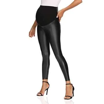V VOCNI Womens Faux Leather Maternity Leggings for Comfort