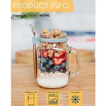 Overnight Oats Containers with Lids - 2 Pack Mason Jars 16 oz with lids - Glass Meal Prep Containers for Oats Overnight & Chia Pudding - Yogurt Parfait Cups with Lids or Salad Dressing Container to Go