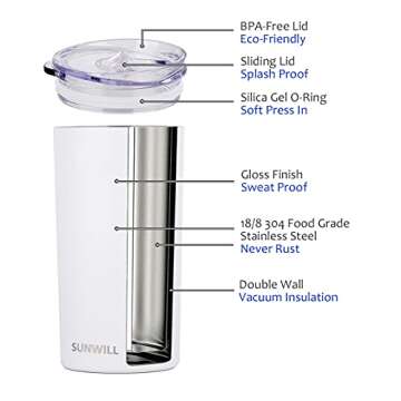 SUNWILL Double Wall Coffee Cup, Insulated Coffee Mug Stainless Steel Slim Travel Tumbler Mini 12oz, Snow