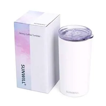 SUNWILL Double Wall Coffee Cup, Insulated Coffee Mug Stainless Steel Slim Travel Tumbler Mini 12oz, Snow