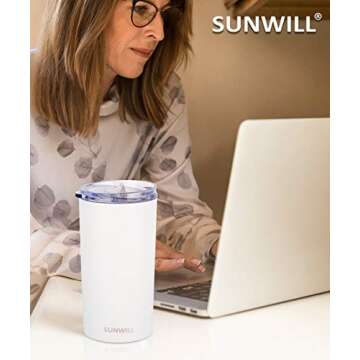 SUNWILL Double Wall Coffee Cup, Insulated Coffee Mug Stainless Steel Slim Travel Tumbler Mini 12oz, Snow