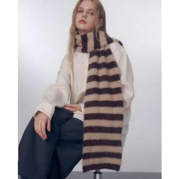 Block Garden Women Striped Color Block Winter Scarf Furry Chunky Knitting Scarves, Beige Coffee