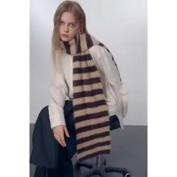 Block Garden Women Striped Color Block Winter Scarf Furry Chunky Knitting Scarves, Beige Coffee
