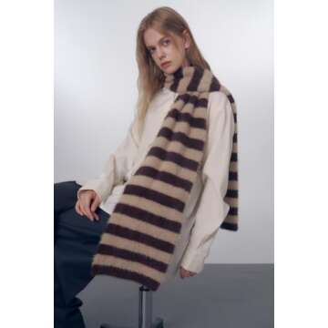 Block Garden Women Striped Color Block Winter Scarf Furry Chunky Knitting Scarves, Beige Coffee