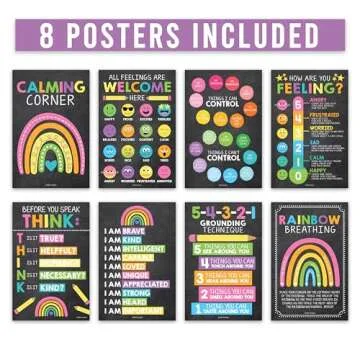 8 Calming Corner Posters For Classroom Must Haves For Teachers - 11x17" Calm Down Corner Supplies, Feelings Chart For Kids Ages 4-8, Toddler Emotions Chart, Chalkboard Classroom Decor
