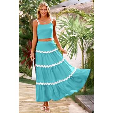 PRETTYGARDEN Womens 2024 Summer Two Piece Vacation Beach Outfits Dressy Sleeveless Cropped Tank Tops And Long Maxi Skirt Sets (Lake Blue,Small)