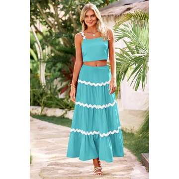 PRETTYGARDEN Womens 2024 Summer Two Piece Vacation Beach Outfits Dressy Sleeveless Cropped Tank Tops And Long Maxi Skirt Sets (Lake Blue,Small)