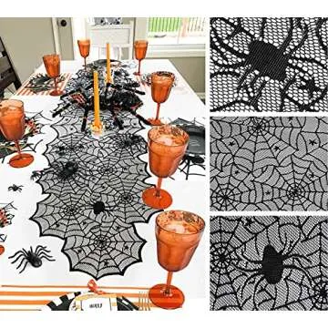 Halloween Decorations Indoor Set, Halloween Decor Bundle for Home, Party, Kitchen, Spider Web Table Runners & Halloween Banner & Mantel Scarf & 36 PCS 3D Bat Sticker, Spooky Home Decor