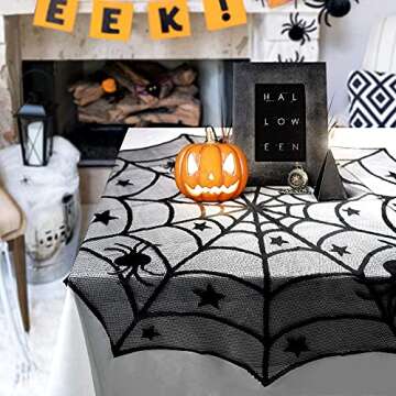 Halloween Decorations Indoor Set, Halloween Decor Bundle for Home, Party, Kitchen, Spider Web Table Runners & Halloween Banner & Mantel Scarf & 36 PCS 3D Bat Sticker, Spooky Home Decor