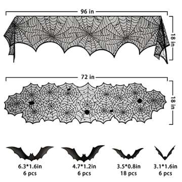Halloween Decorations Indoor Set, Halloween Decor Bundle for Home, Party, Kitchen, Spider Web Table Runners & Halloween Banner & Mantel Scarf & 36 PCS 3D Bat Sticker, Spooky Home Decor