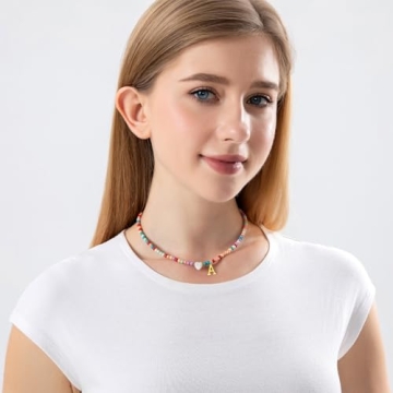 JUNYANGY Initial Necklaces for Women,Colorful Beaded Choker Necklaces for Women Gifts Bohemian Letter Choker Necklace Jewelry for Women Birthday Gifts
