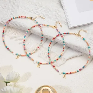JUNYANGY Initial Necklaces for Women,Colorful Beaded Choker Necklaces for Women Gifts Bohemian Letter Choker Necklace Jewelry for Women Birthday Gifts